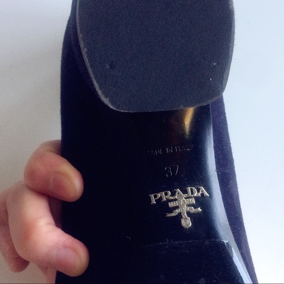 Prada Blue Suede Brass Buckle Block Heel Pumps - Picture 5 of 6